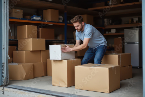 man organizing cardboard boxes in storage unit, focused and working efficiently