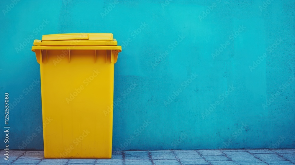A Vibrant Yellow Bin Against a Teal Wall A Vibrant Yellow Bin Against a Teal Wall