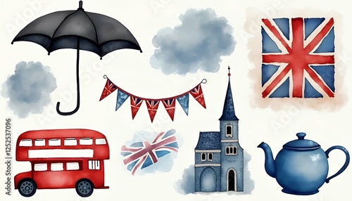 umbrella kingdom collection big national watercolour blue black uk illustration signs cute red classic union colored silhouette united teapot jack bunting traditional flag teacup bus london britain