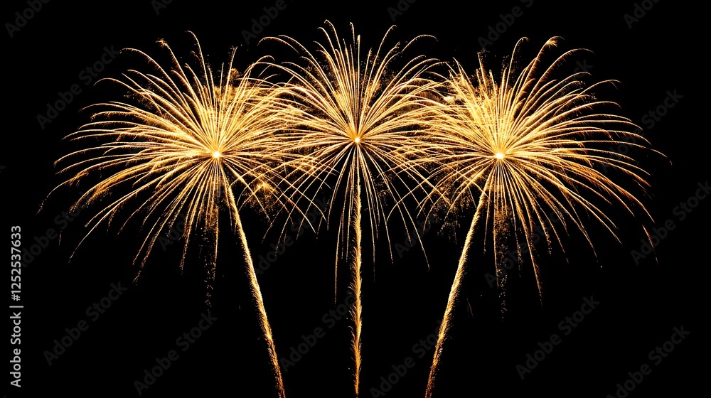 Three golden fireworks bursts against a black night sky. Three golden fireworks bursts against a black night sky.