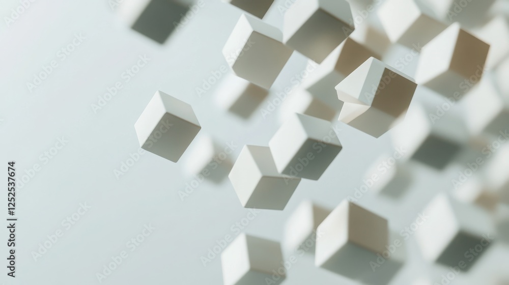 Obraz premium A dynamic grid of floating 3D cubes on a solid white background.