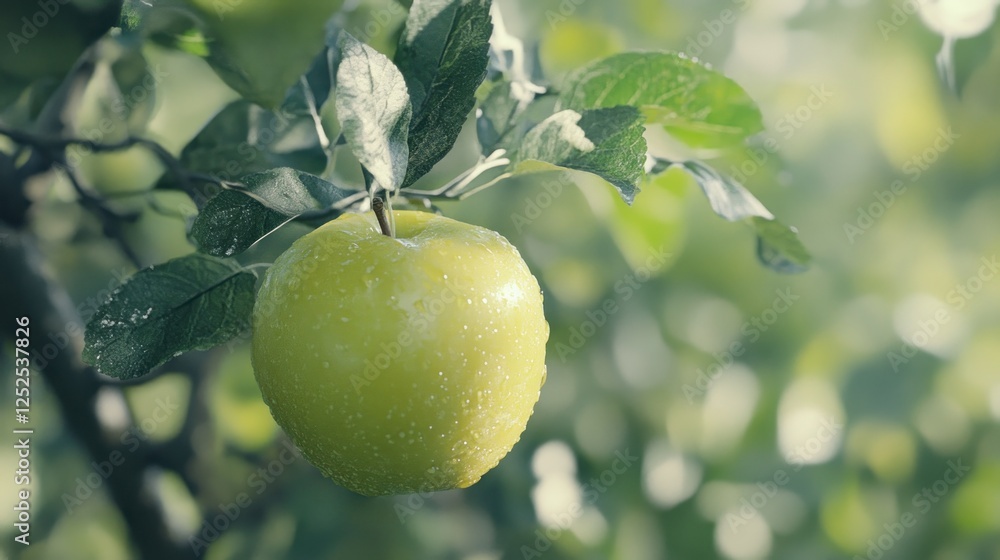 A Single Green Apple on a Branch, Dew Drops Glistening A Single Green Apple on a Branch, Dew Drops Glistening