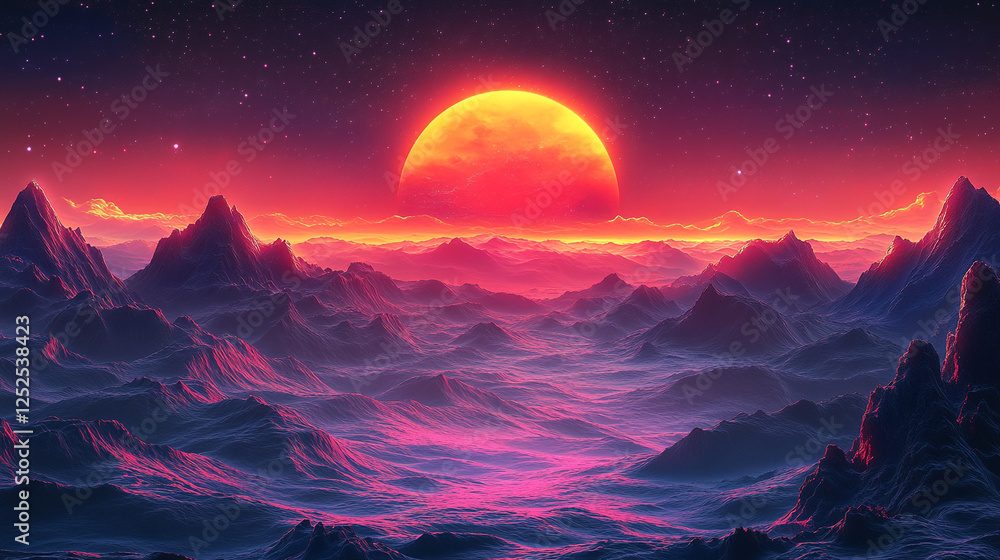 Fototapeta premium Vibrant Sunset Landscape Digital Art Mountains Red Sky Fantasy Scene View Alien Space Image Retro 