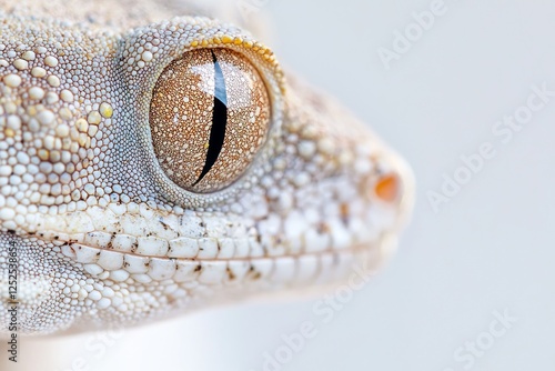  Detail and close-up of a gecko's head.  Sitting on a spotless white wall. Macro. Grey background photo