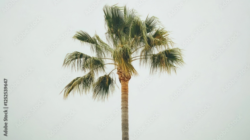 Obraz premium Palm tree swaying in wind, overcast sky, tranquil scene, travel poster