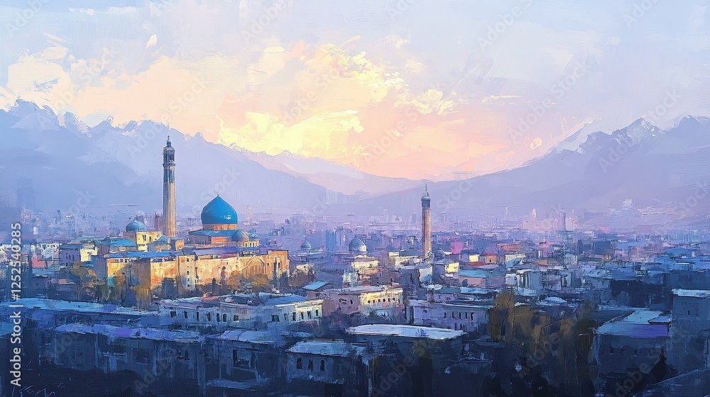 Obraz premium Cityscape at Sunset with Mosque and Mountains