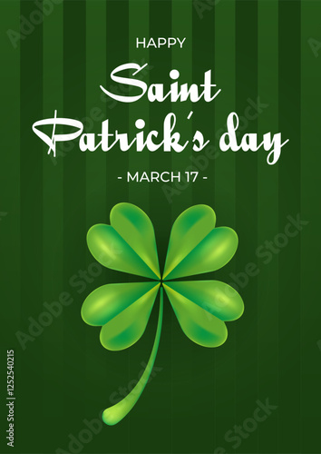 Happy Saint Patricks Day greeting card, postcard, poster. Green quatrefoil on dark green background. Vector illustration on irish holiday theme