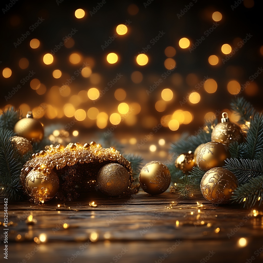 Fototapeta premium Festive golden ornaments on rustic wood, bokeh lights