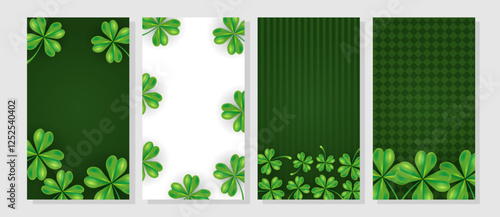 Vertical story template Happy Saint Patricks day with clover leafs. Holiday greeting for social media post. Shamrocks, quatrefoils on green, white background. Vector illustration set