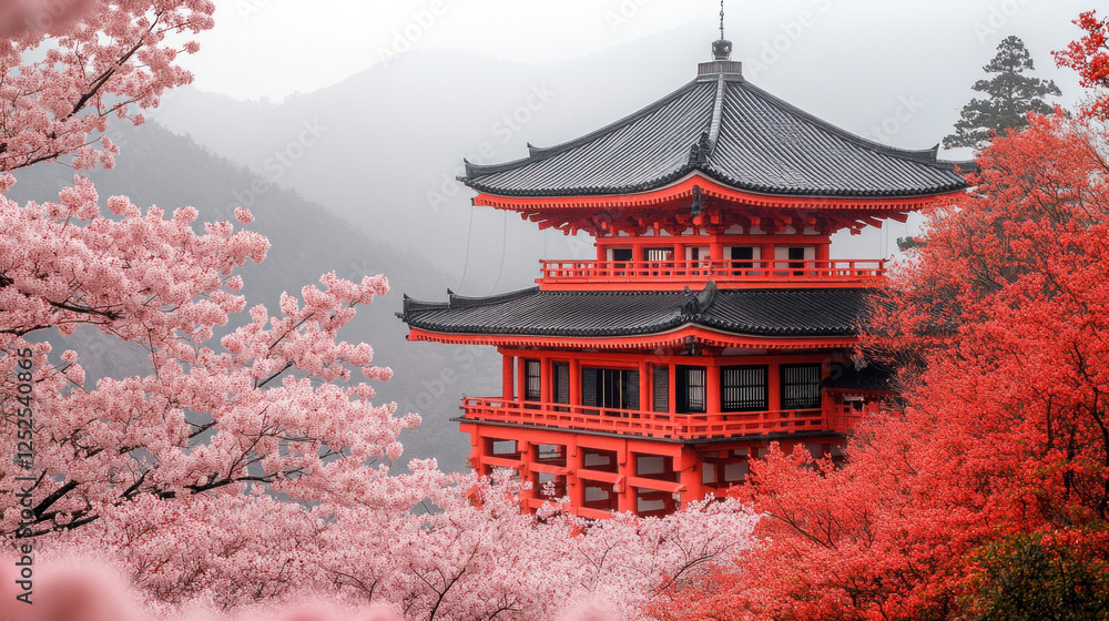 Obraz premium A serene Buddhist temple surrounded by blooming cherry blossoms in the spring