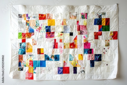 Colorful patchwork quilt hangs against a plain light colored wall photo