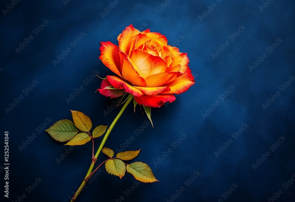Fototapeta premium Vivid Orange and Yellow Rose on a Deep Blue Background
