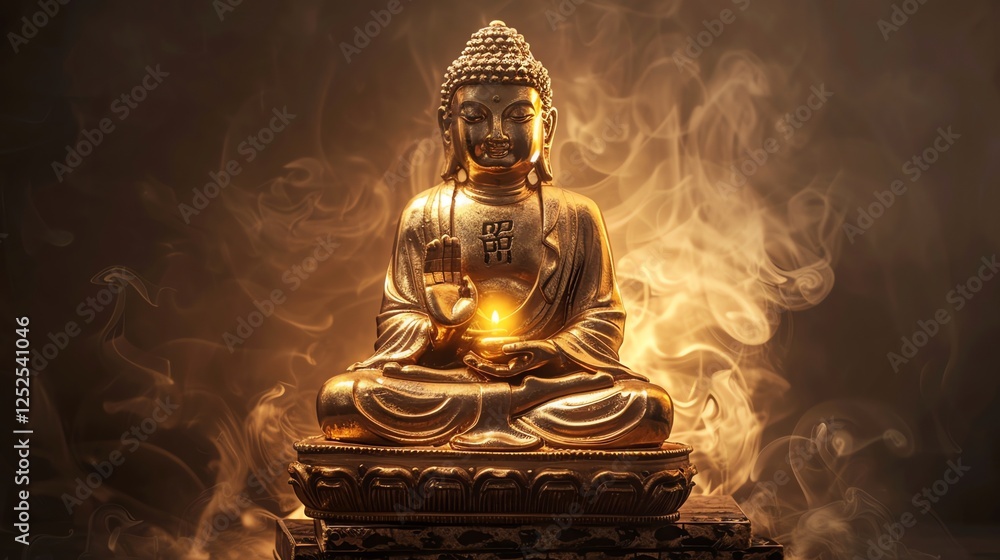 Fototapeta premium A golden Buddha statue surrounded by smoke.