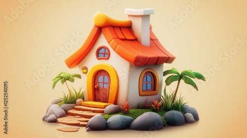 Cute Cartoon House on a Tropical Island.