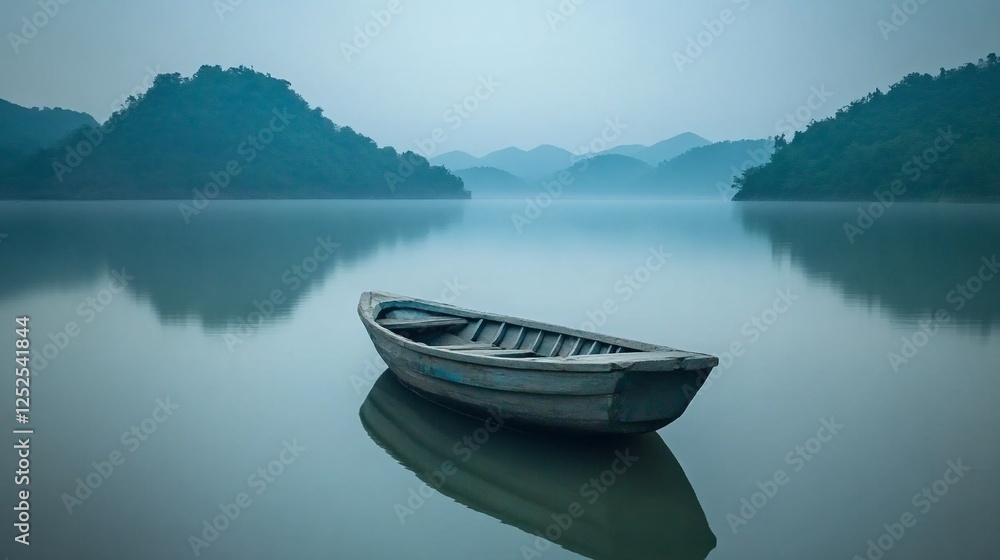 Misty Mountain Lake, Calm Wooden Rowboat, Tranquil Reflection Misty Mountain Lake, Calm Wooden Rowboat, Tranquil Reflection