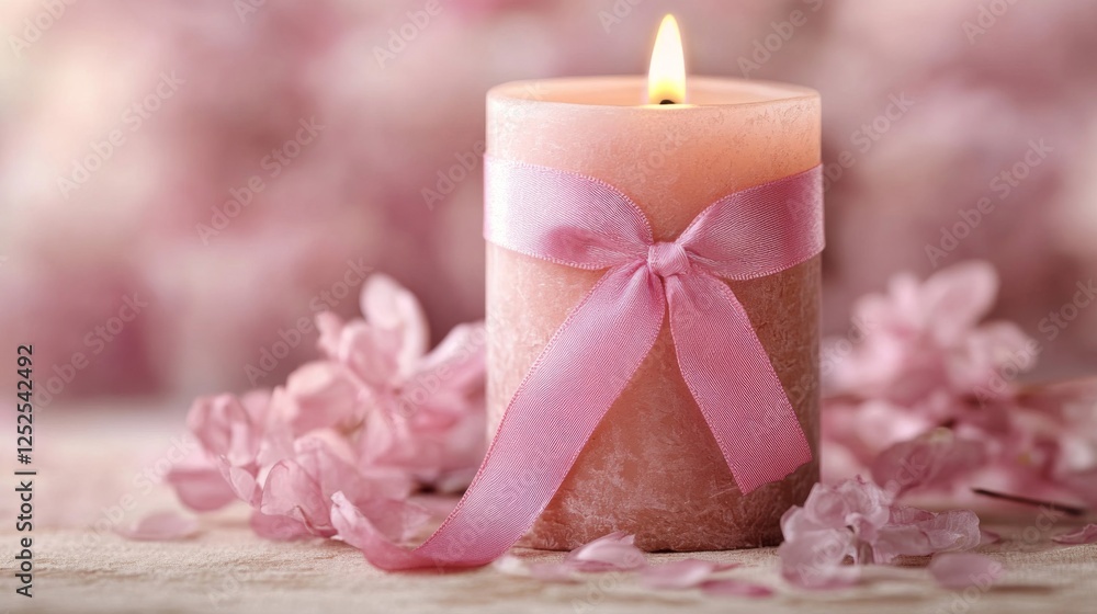 Pink Candle With Floral Ribbon on Wooden Table in Soft Focus Elegant Still Life Pink Candle With Floral Ribbon on Wooden Table in Soft Focus Elegant Still Life