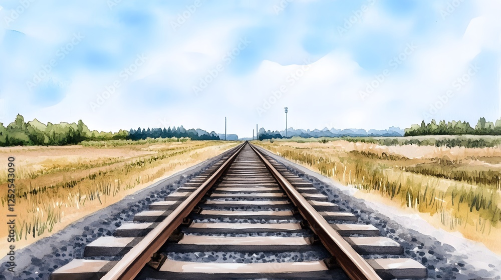Expansive Railway Tracks Receding into the Watercolor Landscape Expansive Railway Tracks Receding into the Watercolor Landscape