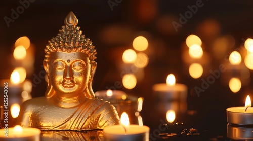 A golden Buddha statue is surrounded by lit candles.