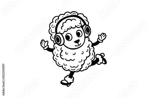 Cartoon vector art illustration of a cute, fluffy lamb wearing headphones and dancing to music