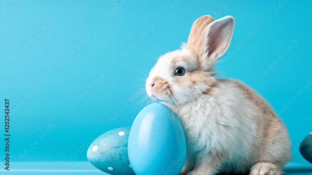 Fototapeta premium Bunny next to blue Easter eggs on turquoise background