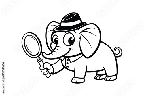 Cartoon vector art illustration of an adorable elephant wearing a little detective hat and holding a magnifying glass