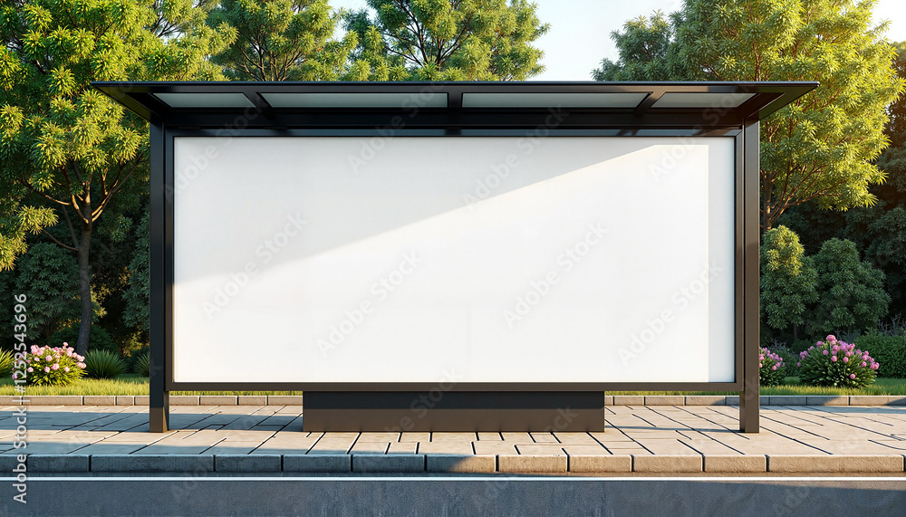 Obraz premium Empty bus stop with blank ad space surrounded by greenery