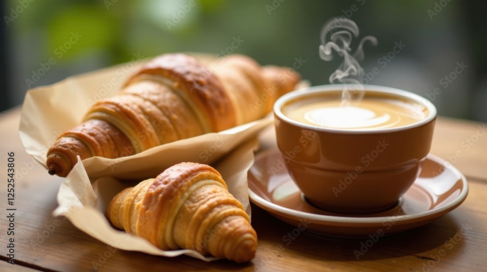A delightful morning scene featuring two golden-brown croissants nestled in parchment paper alongside a steaming cup of cappuccino on a warm wooden surface. A delightful morning scene featuring two golden-brown croissants nestled in parchment paper alongside a steaming cup of cappuccino on a warm wooden surface.