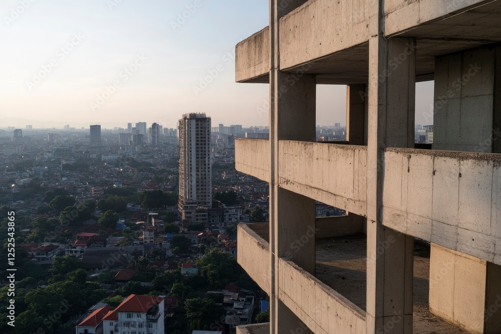Concrete building under construction overlooking city and distant skyscrapers at sunset Concrete building under construction overlooking city and distant skyscrapers at sunset