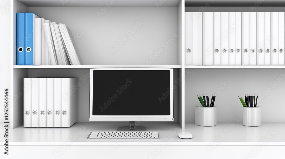 Modern Office Workspace with Computer, Files, and Supplies Modern Office Workspace with Computer, Files, and Supplies