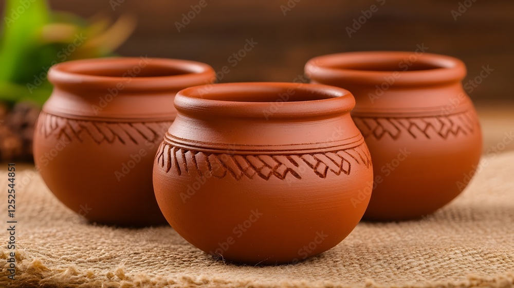 Traditional Indian Chai in Handmade Clay Cups with Spices in the Background Traditional Indian Chai in Handmade Clay Cups with Spices in the Background