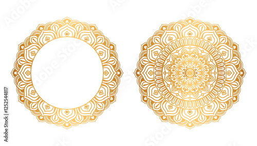 Indian flower mandala art with luxury golden circle frame transparent vintage gold circular pattern