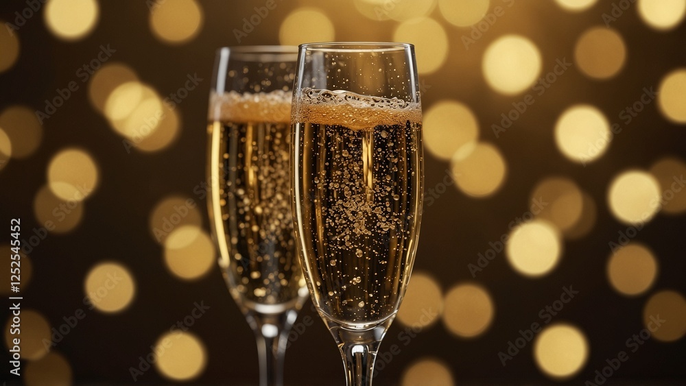 Two elegant champagne flutes filled with sparkling wine against a festive bokeh background Two elegant champagne flutes filled with sparkling wine against a festive bokeh background