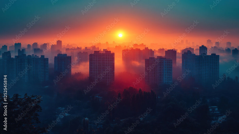 Fototapeta premium Building background with city silhouettes at sunrise, creating a tranquil and inspiring scene