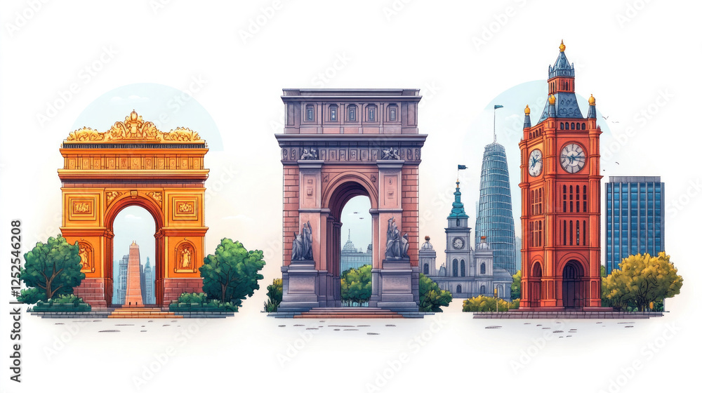 Obraz premium Building icons featuring colorful, cartoon-style illustrations of famous global structures