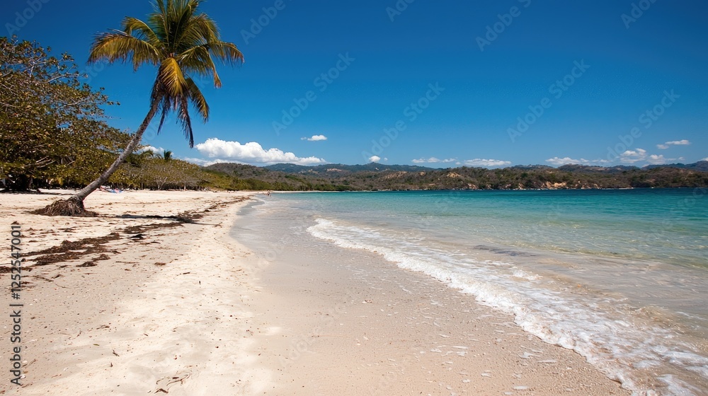 Tropical beach scene, palm tree, calm ocean, mountains background; ideal for travel brochures Tropical beach scene, palm tree, calm ocean, mountains background; ideal for travel brochures