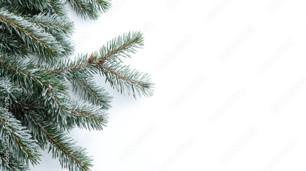 Snowy fir branch on white background; winter holiday card Snowy fir branch on white background; winter holiday card