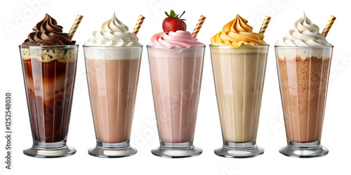 Delicious Ice Cream Milkshakes in Glasses with Whipped Cream, Chocolate Syrup, and Colorful Sprinkles – Refreshing Summer Dessert in a Café Setting

