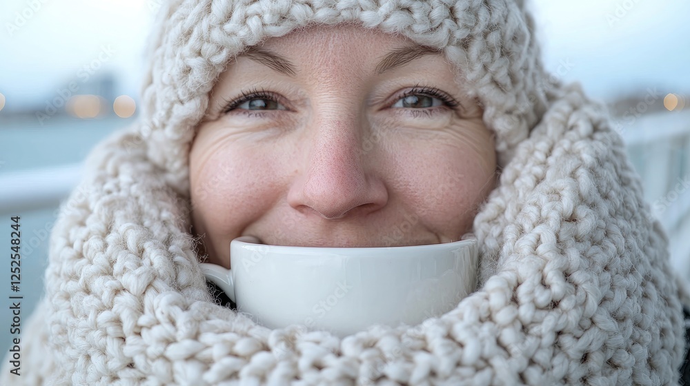 Woman with Knitted Scarf and Coffee Cup. Smiling outside. Possible use in travel catalog