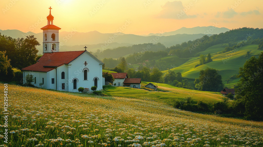 Churches with serene white facades and tall steeples standing against a backdrop of rolling hills Churches with serene white facades and tall steeples standing against a backdrop of rolling hills