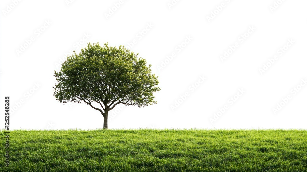 Obraz premium Lone tree, green grass, white background, nature, ecology