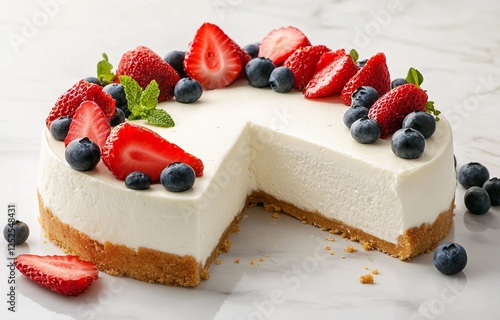 Decadent cheesecake topped with fresh strawberries, blueberries, and mint leaves, presented on a marble background
