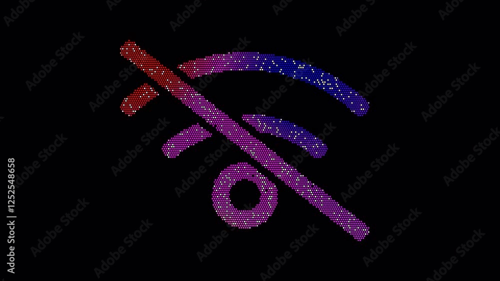 Icon wifi slash is made up of LED square shapes that shimmer and flicker. There are black dead diodes. In-Out looped. Alpha BW at the end Icon wifi slash is made up of LED square shapes that shimmer and flicker. There are black dead diodes. In-Out looped. Alpha BW at the end