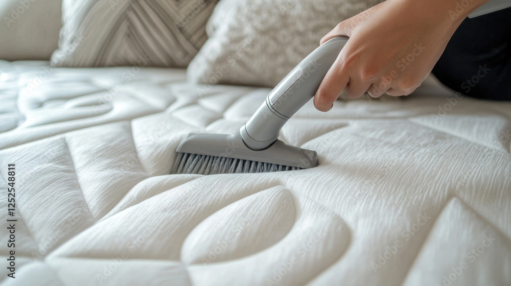 Vacuum Cleaner Removing Foam from Mattress During Cleaning Process Vacuum Cleaner Removing Foam from Mattress During Cleaning Process