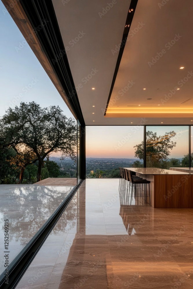 Fototapeta premium Contemporary Kitchen with Open View at Sunset for Interior Design