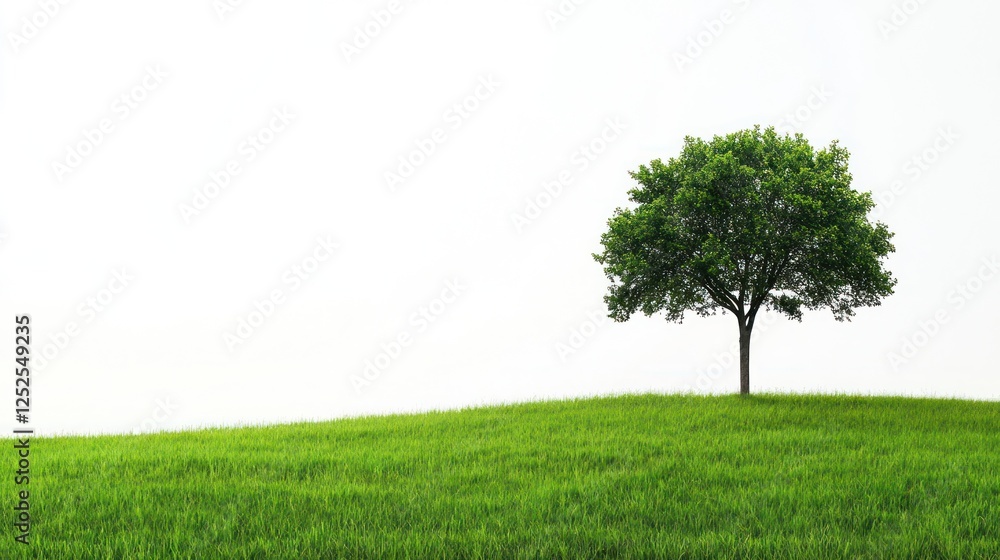 Fototapeta premium Lone tree on grassy hill, white sky background; nature, environmental concept
