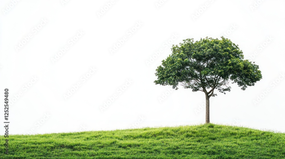 Lone tree on grassy hill against white sky; nature background Lone tree on grassy hill against white sky; nature background