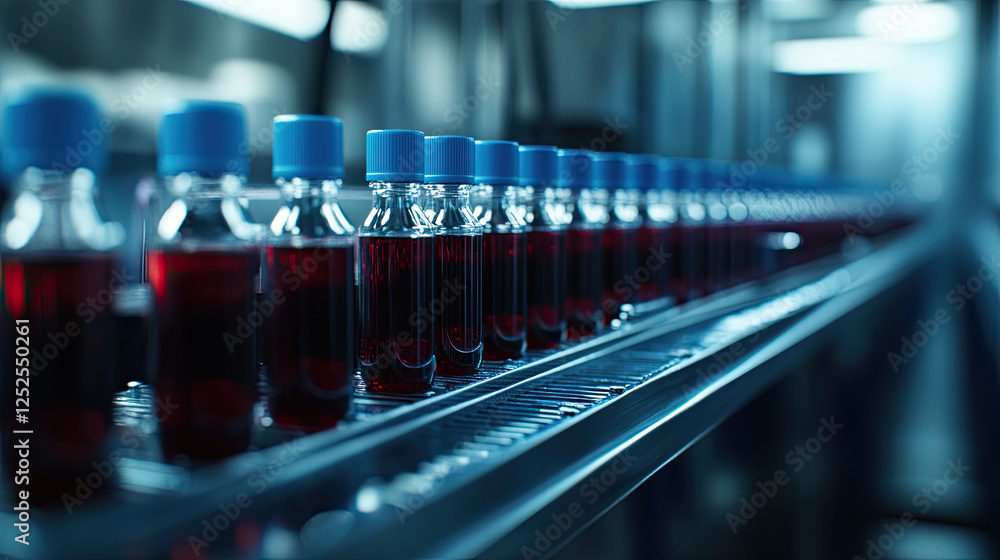 Bottles with Red Liquid on Production Line in Factory Bottles with Red Liquid on Production Line in Factory