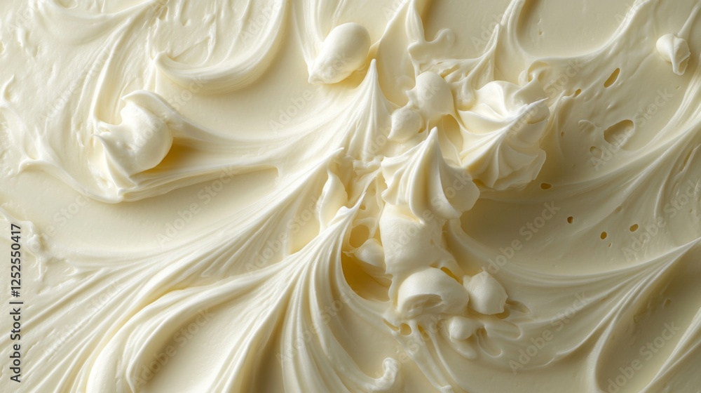 Close Up Swirled White Cream Frosting Texture Rich Dessert Background Close Up Swirled White Cream Frosting Texture Rich Dessert Background