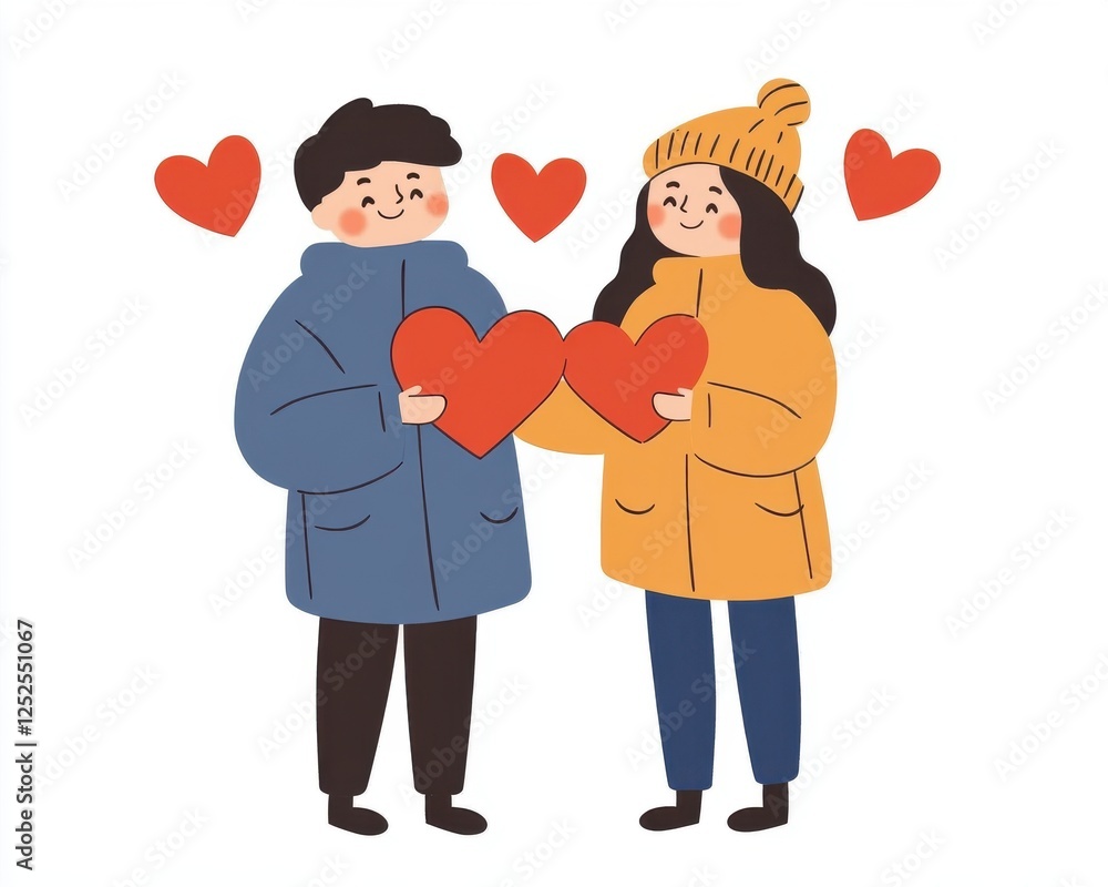 A cheerful couple holding heart shapes, expressing love and happiness in a colorful illustration. A cheerful couple holding heart shapes, expressing love and happiness in a colorful illustration.