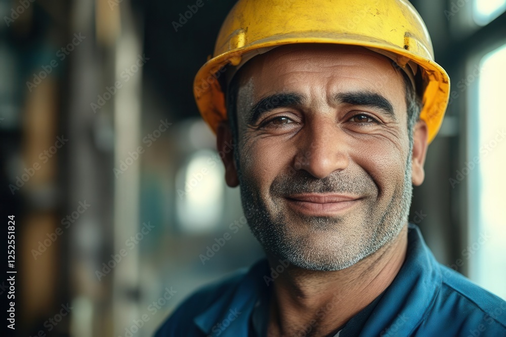 Portrait of a Happy European Factory Worker Wearing Hard Hat and Work Clothes Portrait of a Happy European Factory Worker Wearing Hard Hat and Work Clothes